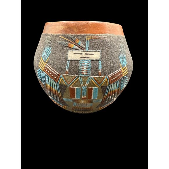 Vtg Native American Navajo Sand Art Decorative Pottery Vase Signed JR Whiterock - Picture 2 of 7